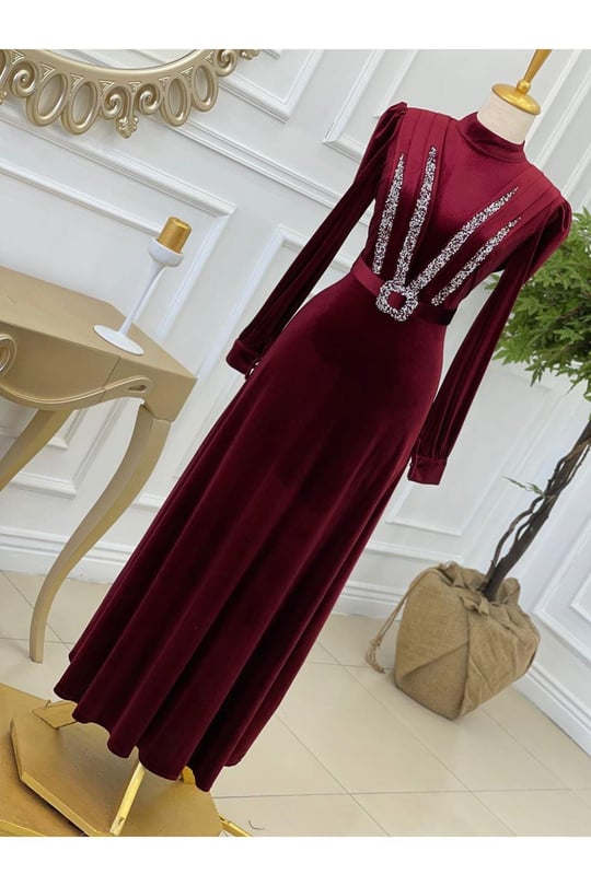 Pile Taş Kadife Elbise 3775-Bordo