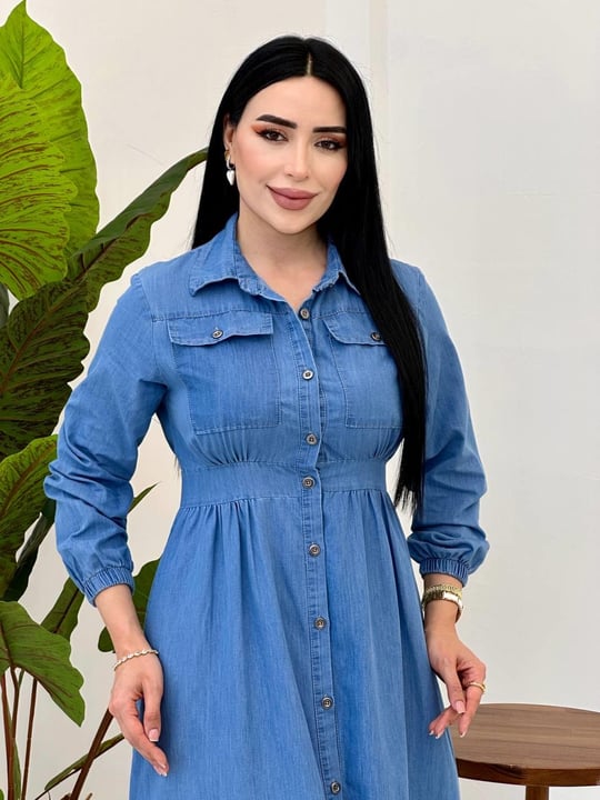 Pileli Kot Elbise 5257 Açık Kot