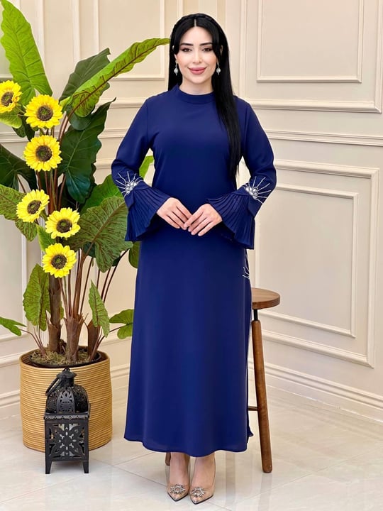 Pilise Detay Taşlı Krep Elbise 5406  E-25 Lacivert