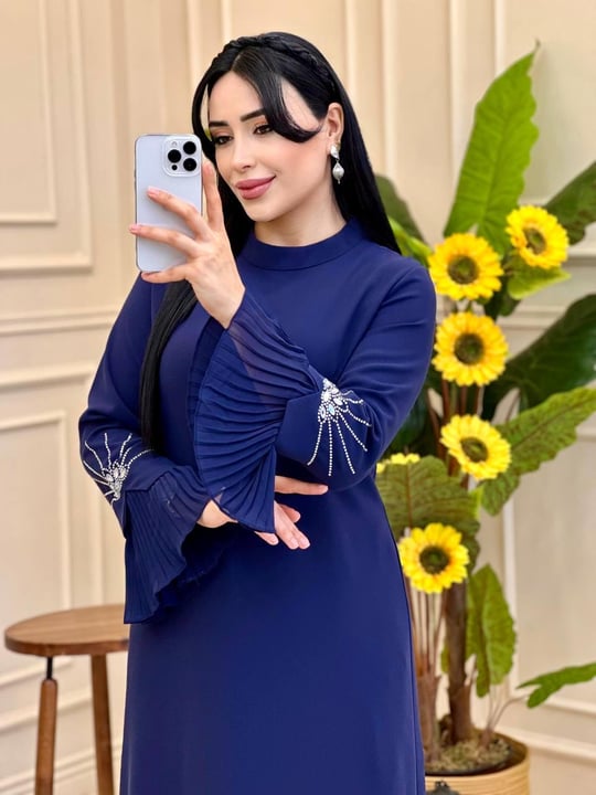 Pilise Detay Taşlı Krep Elbise 5406  E-25 Lacivert
