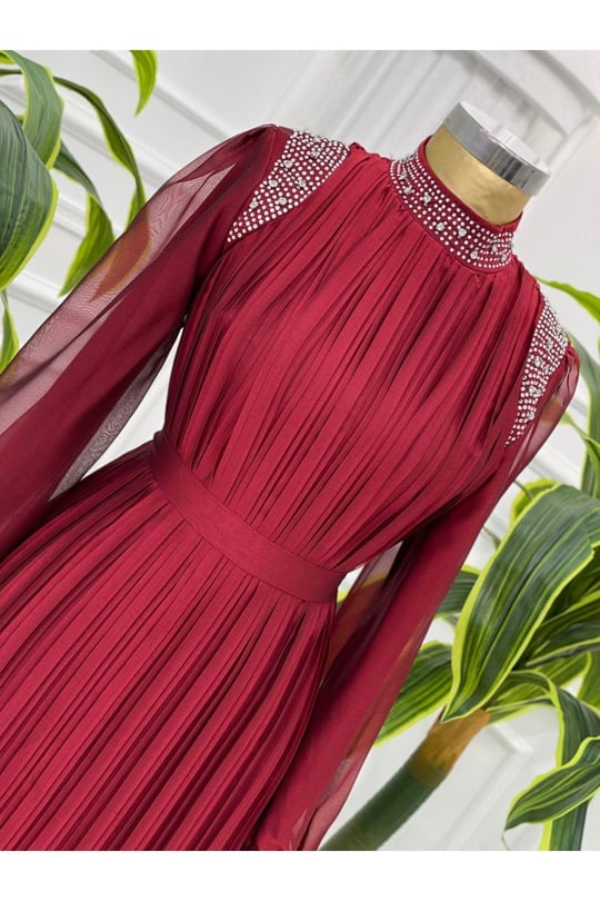 Pilise Taşlı Jan Jan Elbise 4060-Bordo