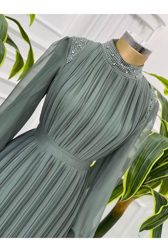 Pilise Taşlı Jan Jan Elbise 4060-Mint yeşili