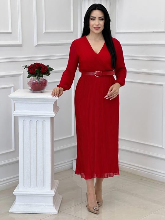 Piliseli Kruvaze Şifon Elbise 04 T24 Kırmızı