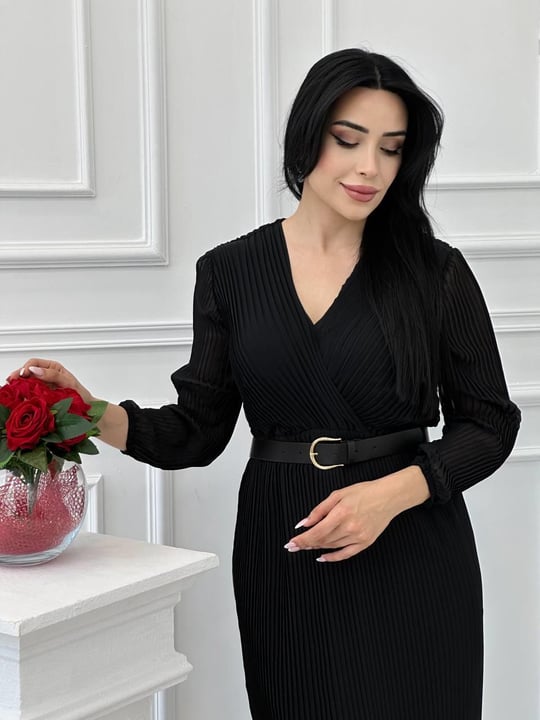 Piliseli Kruvaze Şifon Elbise 04 T24 Siyah