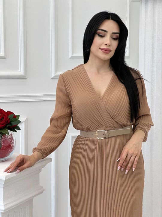 Piliseli Kruvaze Şifon Elbise 04 T24 Vizon