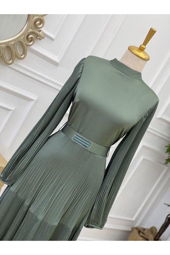 Piliseli Saten Elbise 3621-Yeşil