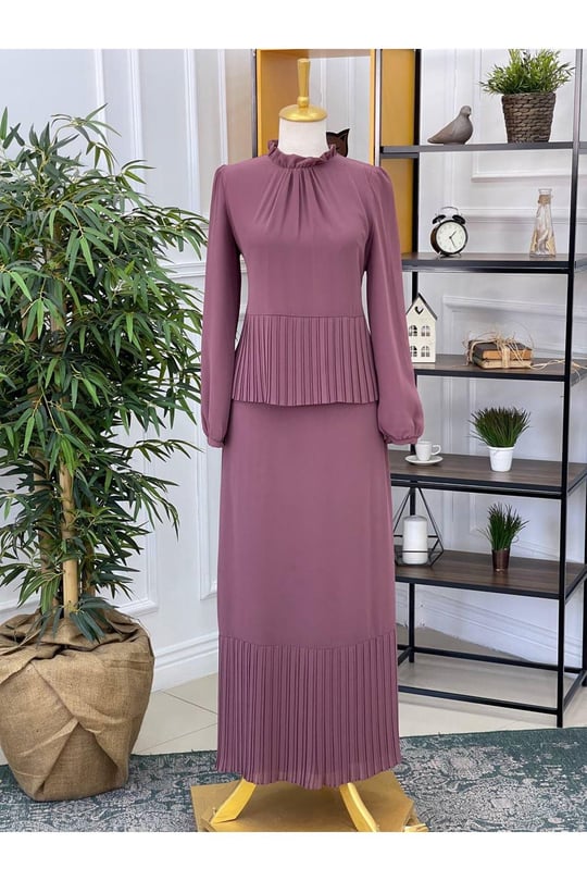 Piliseli Şifon Elbise 12269-Rose