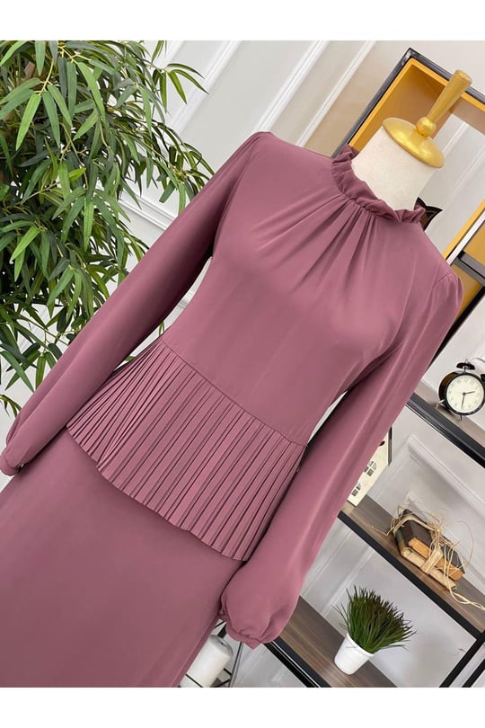 Piliseli Şifon Elbise 12269-Rose