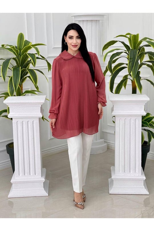 Piliseli Şifon Tunik 2062-Taba