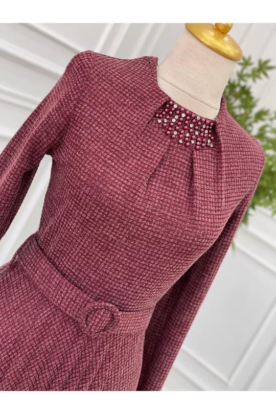 Piti Kare Örme Elbise 3185-Bordo