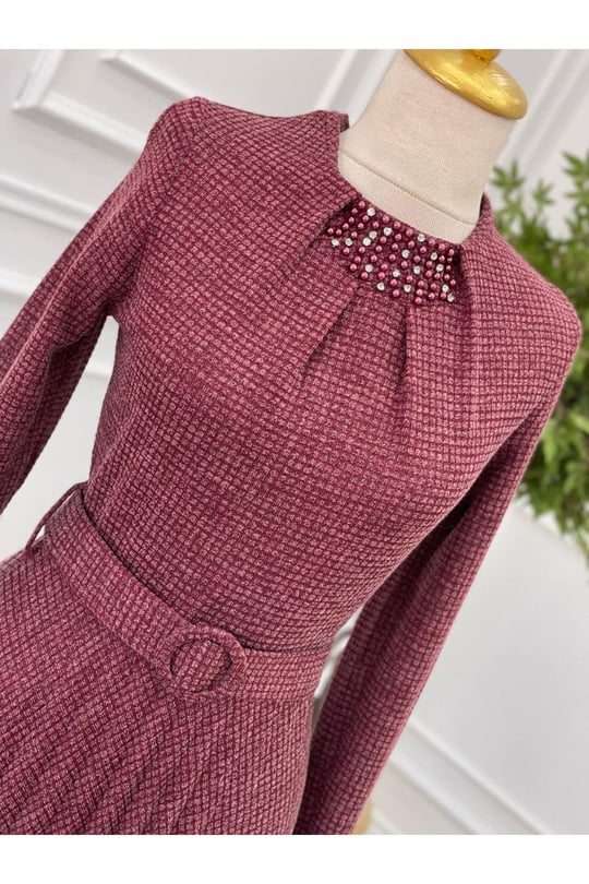 Piti Kare Örme Elbise 3185-Bordo