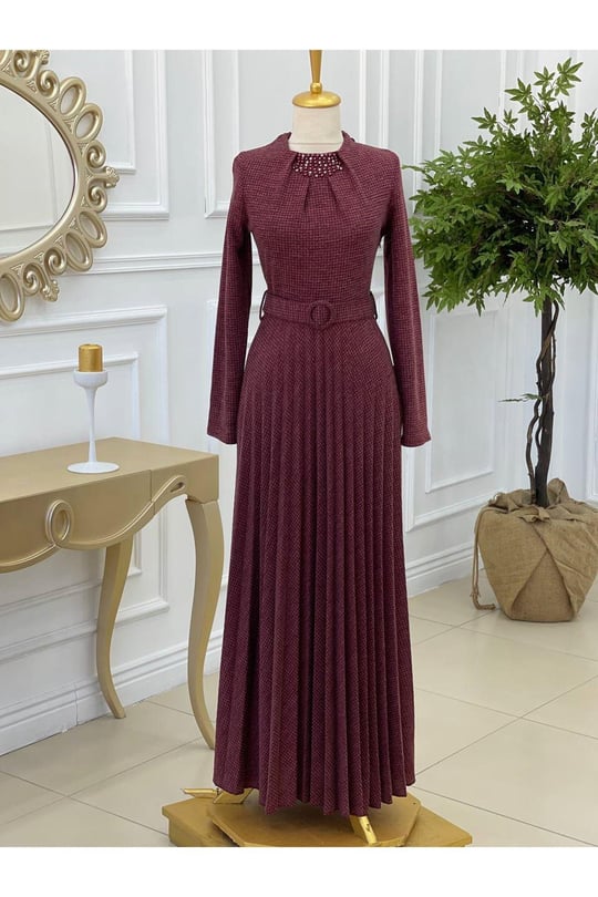 Piti Kare Örme Elbise 3185-Bordo