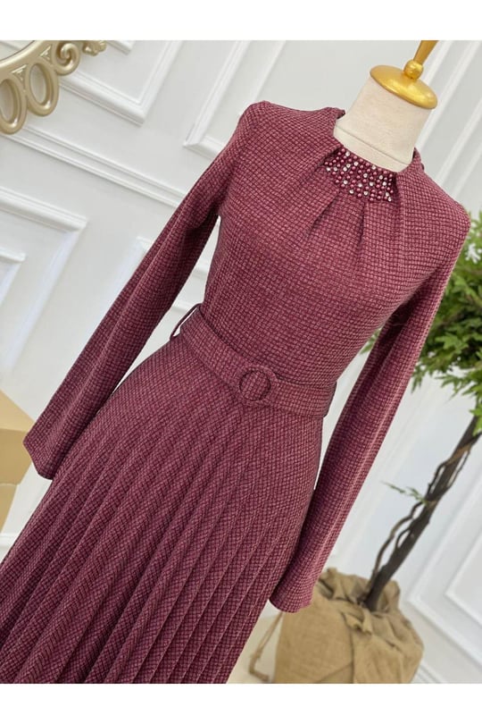 Piti Kare Örme Elbise 3185-Bordo
