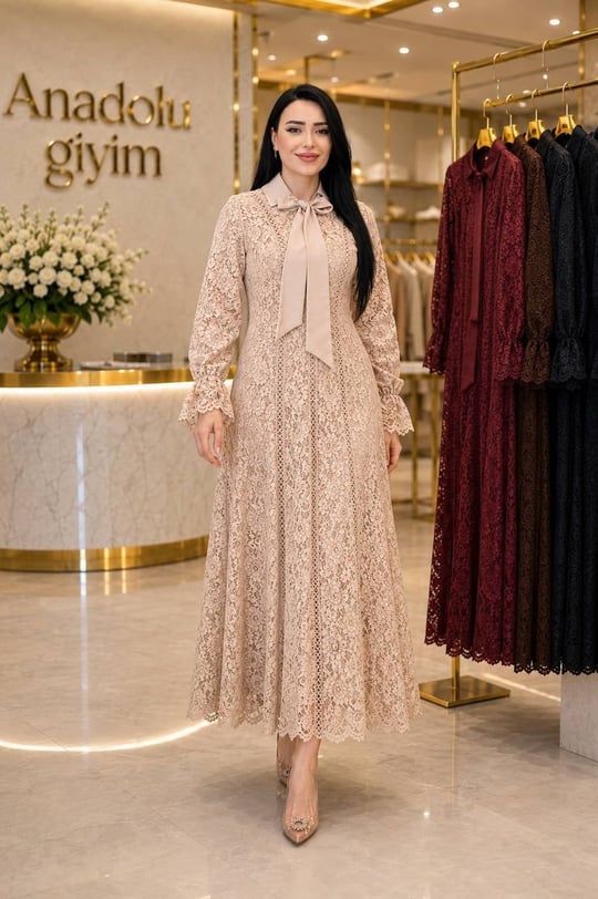 Polo Yaka Fularlı Güpür Elbise 1824 T-26 Bej