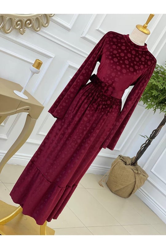 Puantiye Kadife Elbise 1248-Bordo