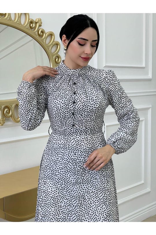 Puantiyeli Elbise 2809-Beyaz