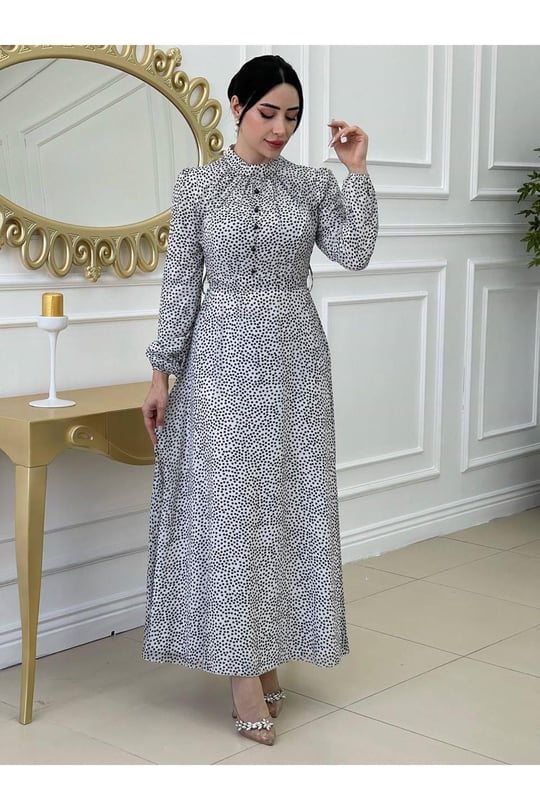 Puantiyeli Elbise 2809-Beyaz