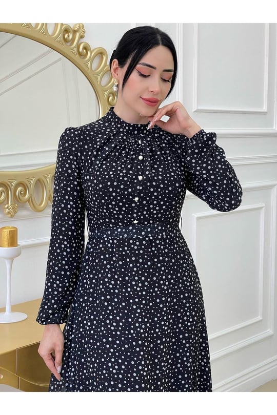 Puantiyeli Elbise 2809-Siyah