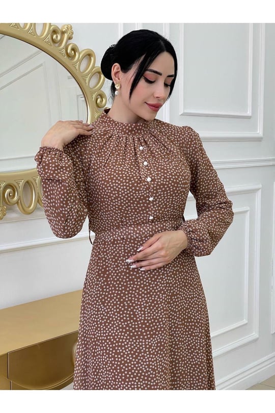Puantiyeli Elbise 2809-Taba