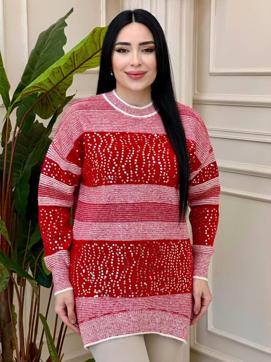 Pullu Çizğili Oversize Tunik 7592 t-24 Kırmızı
