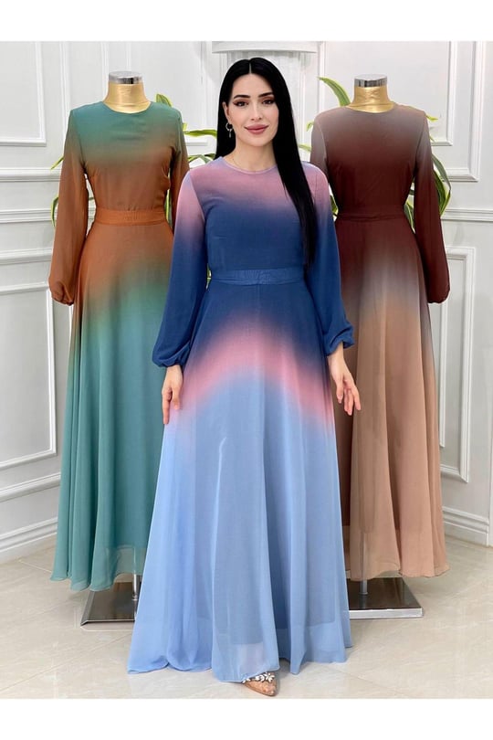 Renk Geçişli Şifon Elbise  4055-Lacivert