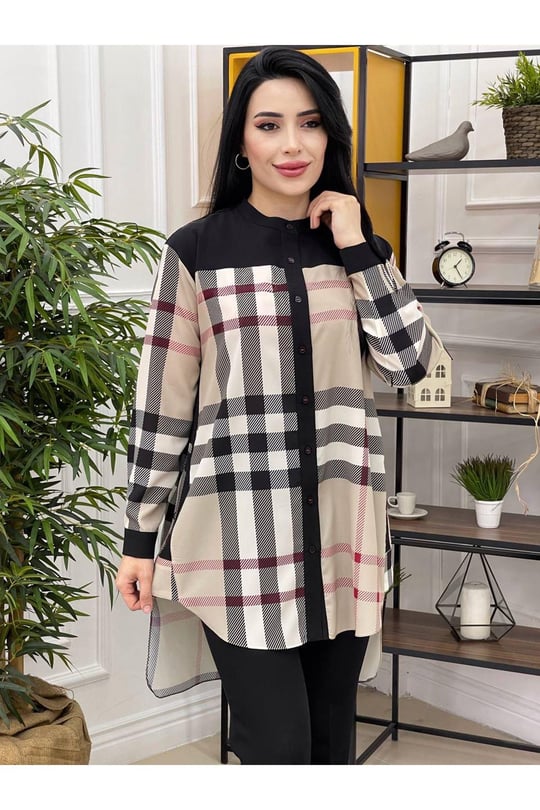 Renkli Ekose Tunik 22519-Bej