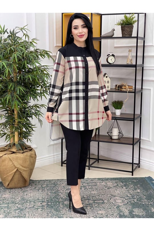 Renkli Ekose Tunik 22519-Bej