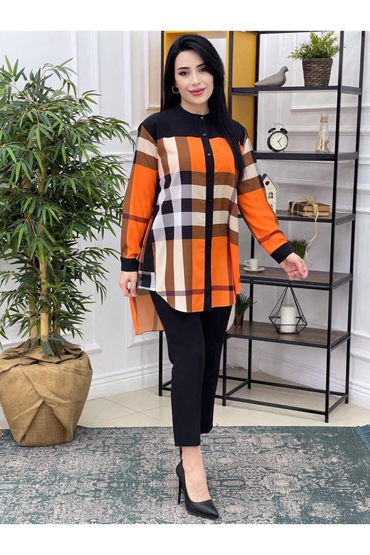 Renkli Ekose Tunik 22519-Turuncu