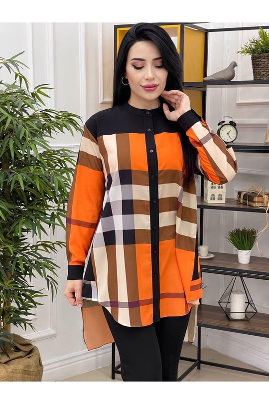 Renkli Ekose Tunik 22519-Turuncu