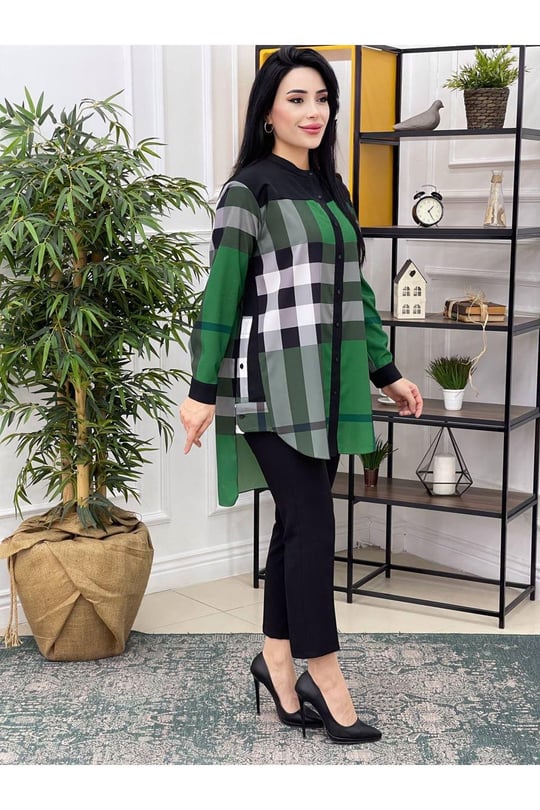 Renkli Ekose Tunik 22519-Yeşil