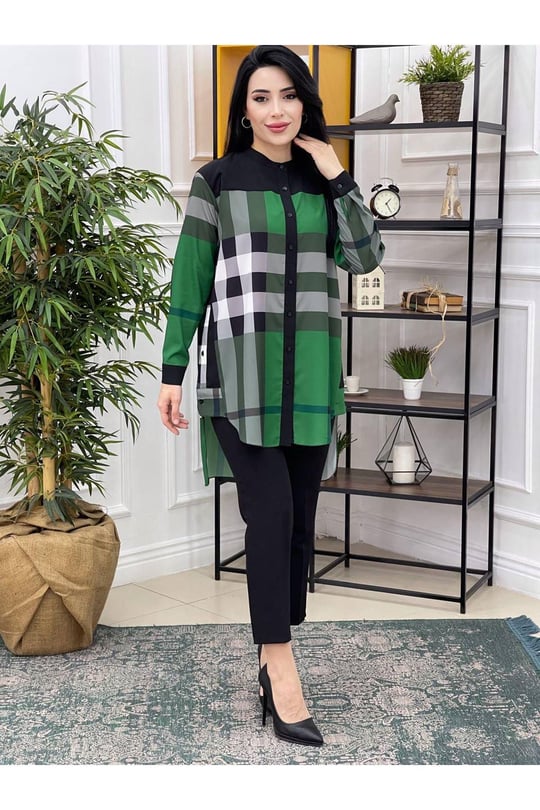 Renkli Ekose Tunik 22519-Yeşil