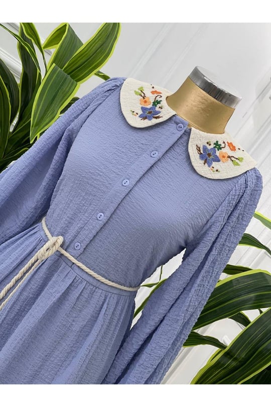 Renkli Nakış Bebe Yaka Elbise 1350-Mavi