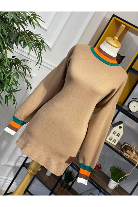 Renkli Şerit Tunik 14805-Vizon