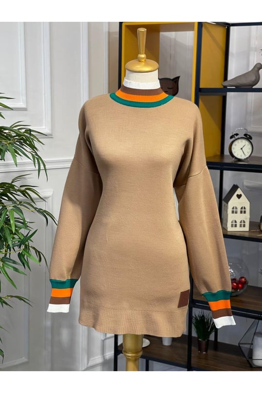 Renkli Şerit Tunik 14805-Vizon