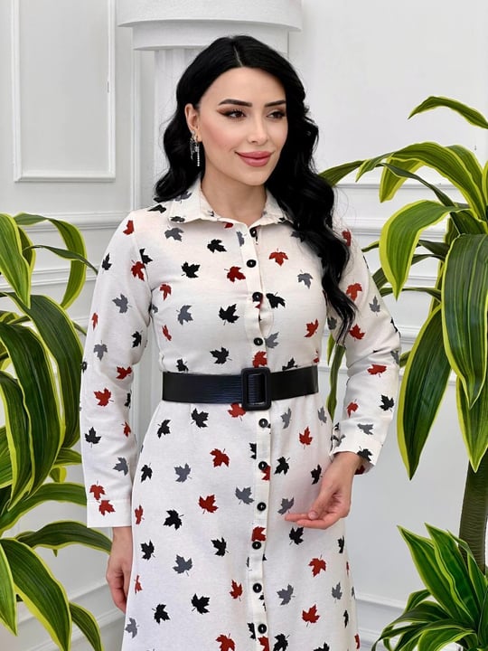 Renkli Yaprak Desen Düğmeli Elbise 5536 T-24 Siyah