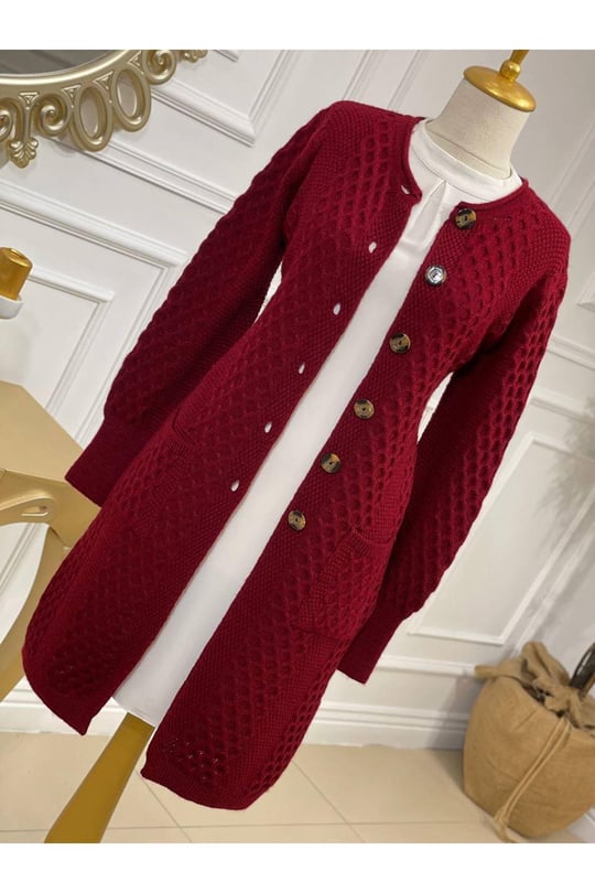 Saç Örgü Hırka 2982-Bordo
