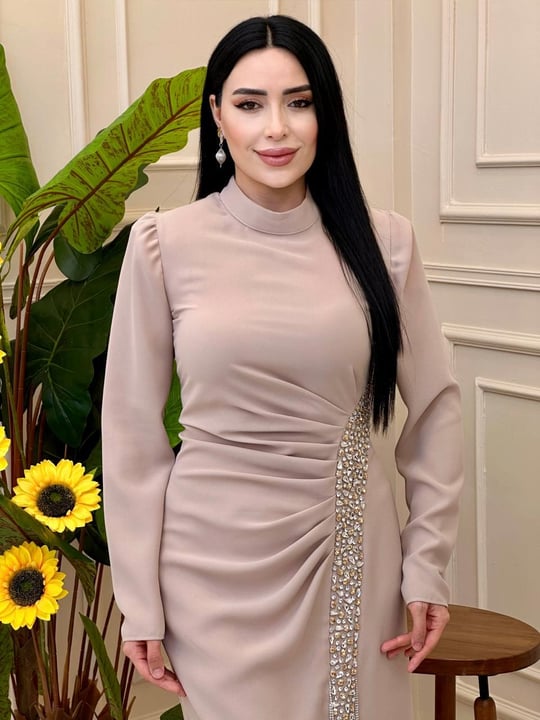 Saçak Taş İşleme Drape Elbise 2108 e025 Bej