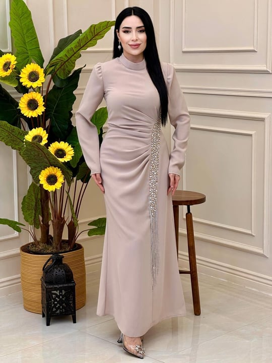 Saçak Taş İşleme Drape Elbise 2108 e025 Bej