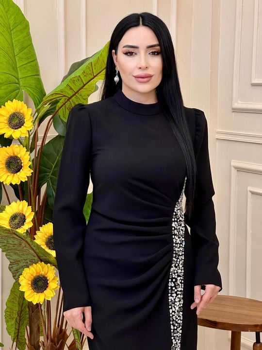 Saçak Taş İşleme Drape Elbise 2108 e025 Siyah