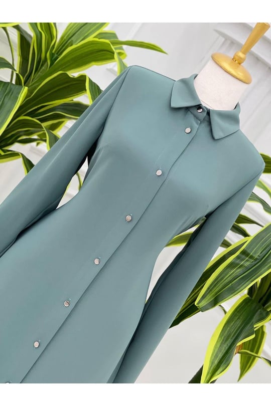 Sade Düğmeli Tunik 5251-Mint yeşili