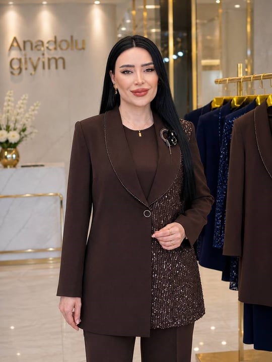 Şal Yaka Tek Taraf İşleme Üç'lü Takım 5032 T-26 Kahverengi
