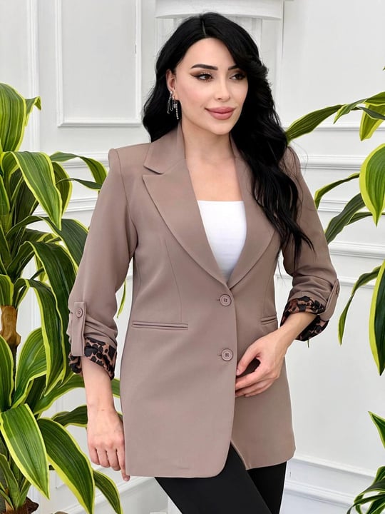 Saten Leopar Detay Ceket 1978 y-24 Vizon
