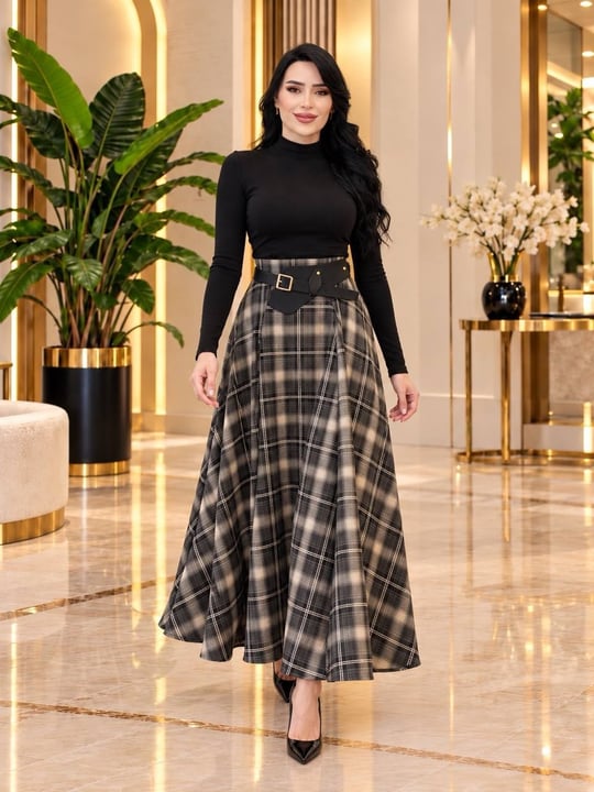 Şerit Desen Ekose Volanlı Etek 264 T-26 Siyah