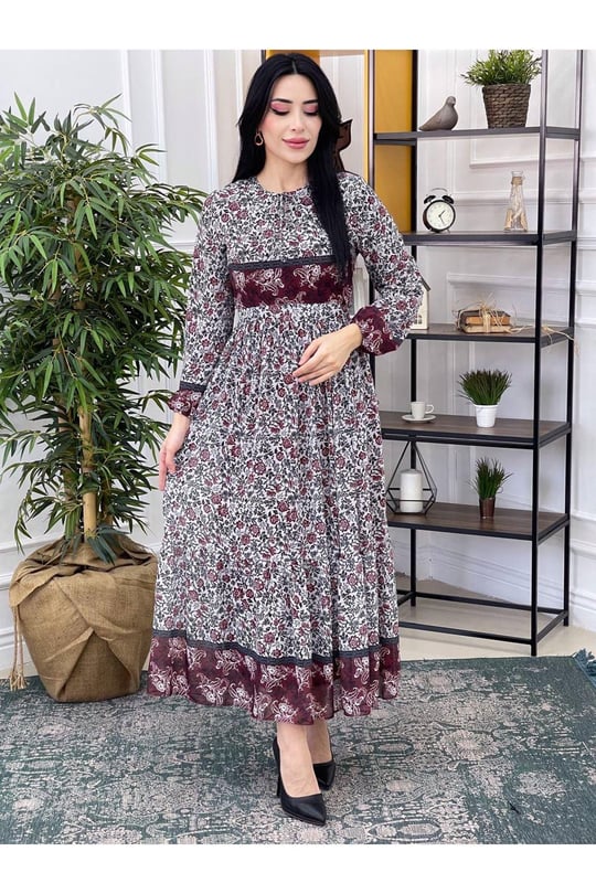 Şerit Detay Şifon Elbise 3370-Bordo
