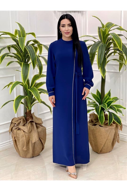 Şerit Taş Bağlama Elbise 7139-Saks