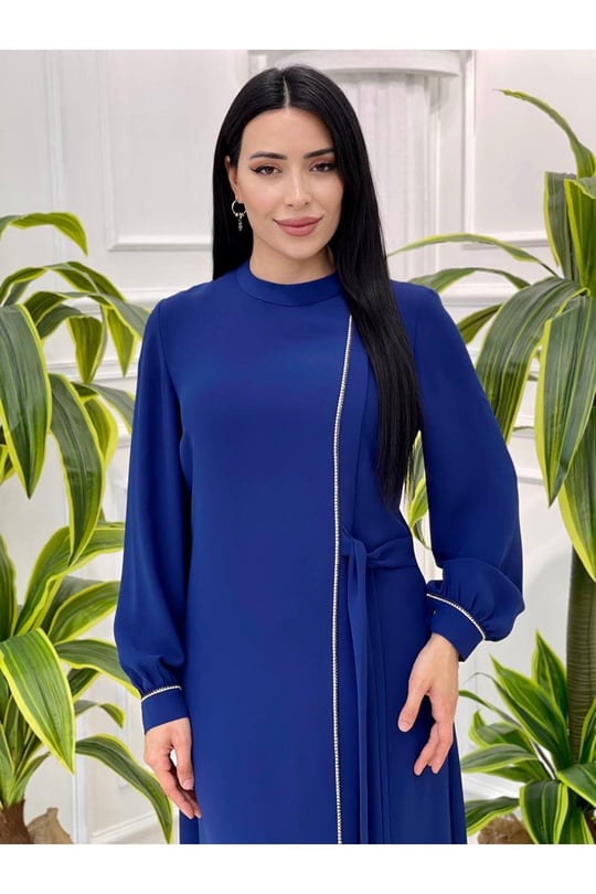 Şerit Taş Bağlama Elbise 7139-Saks