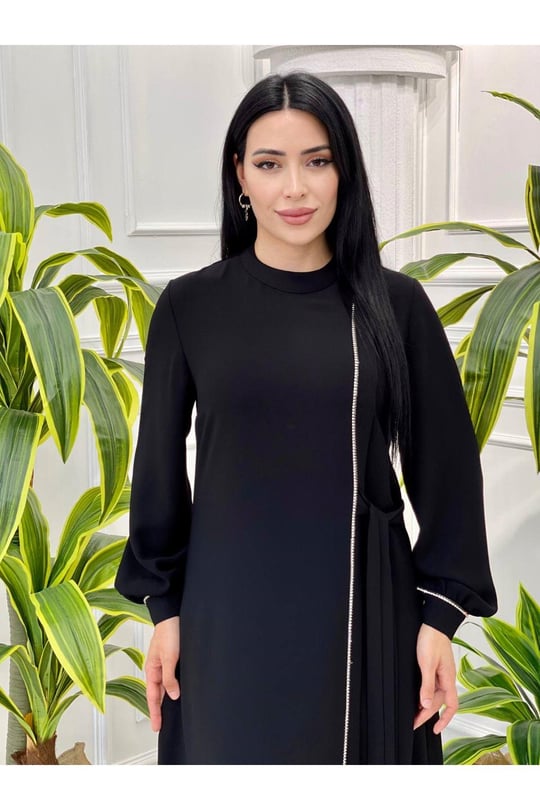 Şerit Taş Bağlama Elbise 7139-Siyah