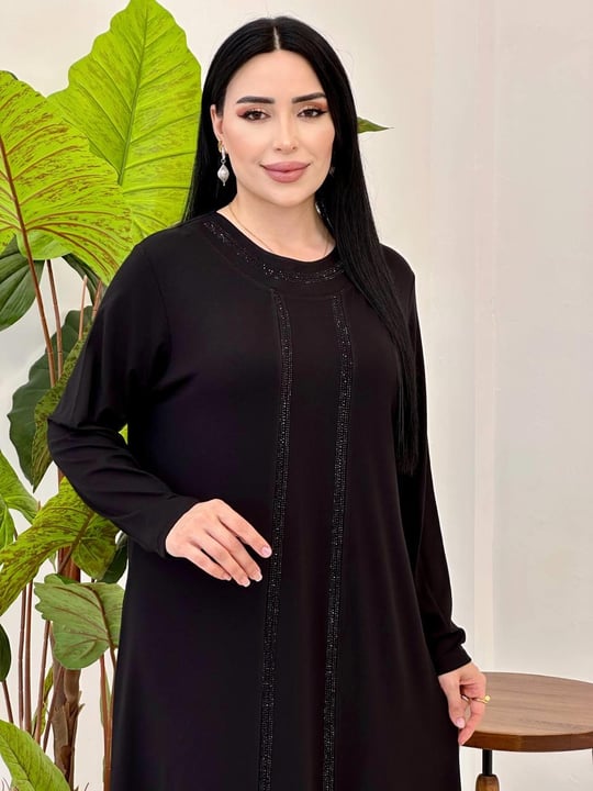 Şerit Taş Penye Anne Elbise Siyah
