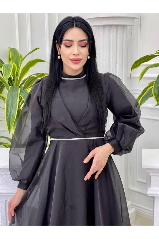 Şerit Taş Tül Elbise 4327-Siyah