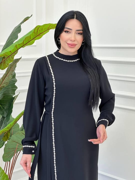 Şerit Taş Yan Bağlama Krep Elbise 1005 e-25 Siyah